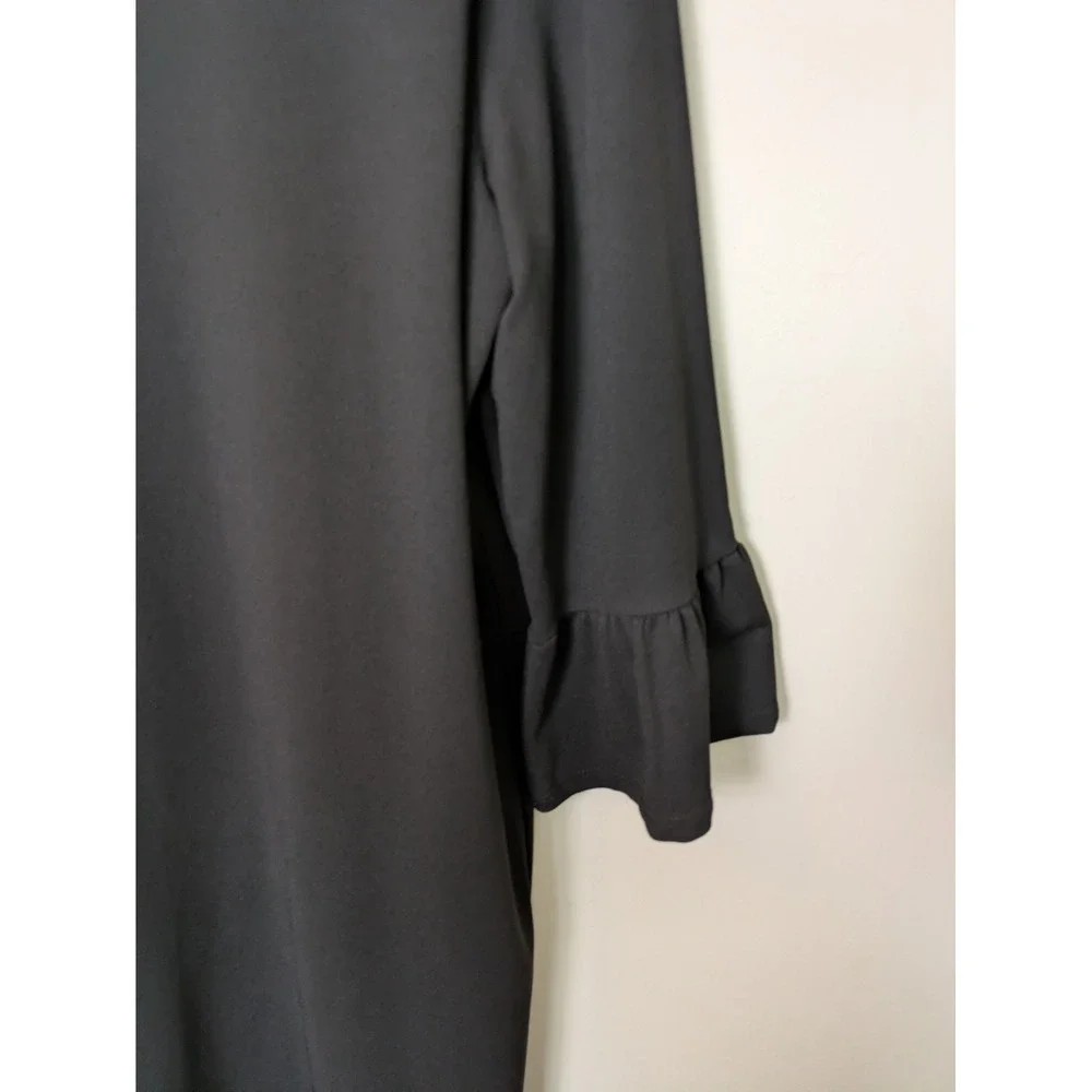 Emberley Shift Dress Women's XL Black Ruffle Bell Sleeve Round Neck Stretch‎